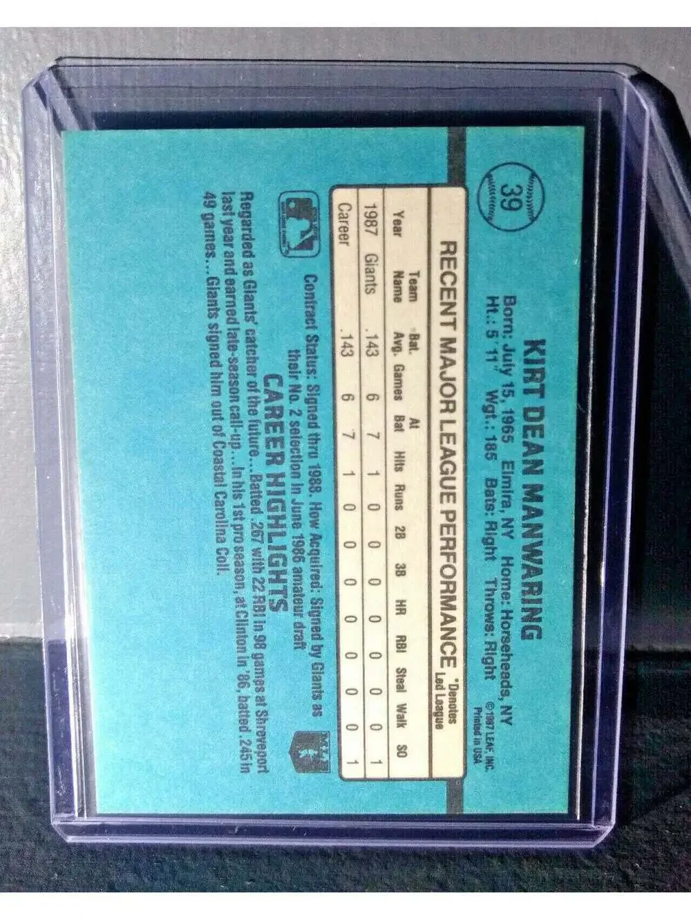 1988 Kirt Manwaring Donruss Rated Rookie #39 Baseball Card